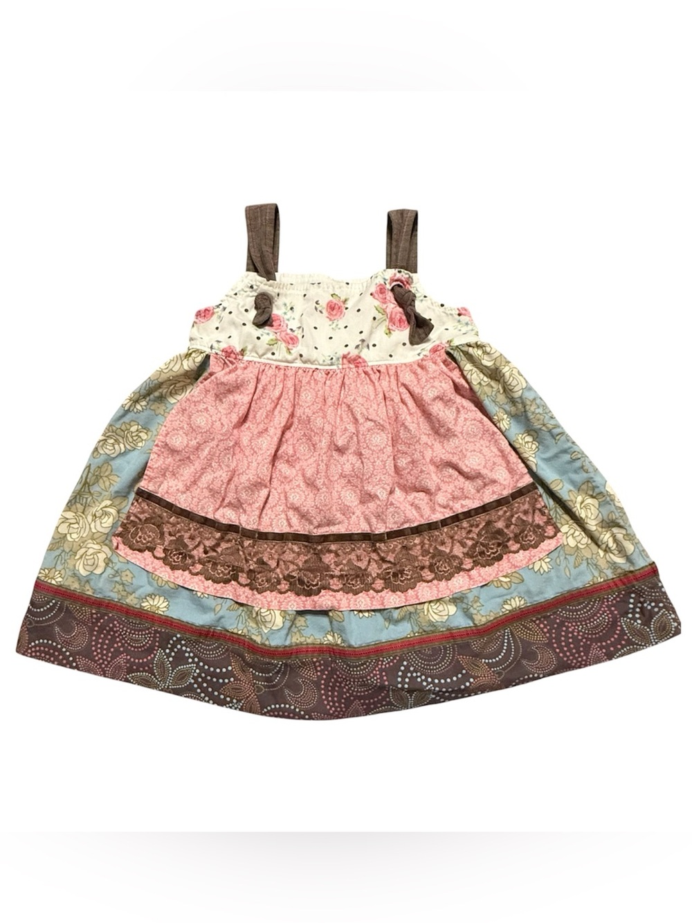 Matilda Jane Girls Dress Size 4 Blue Floral Pink Apron Layered Patterns